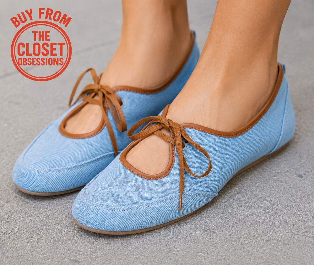 Zara NWT Denim Lace Up Ballet Flats Blue Brown 8 9